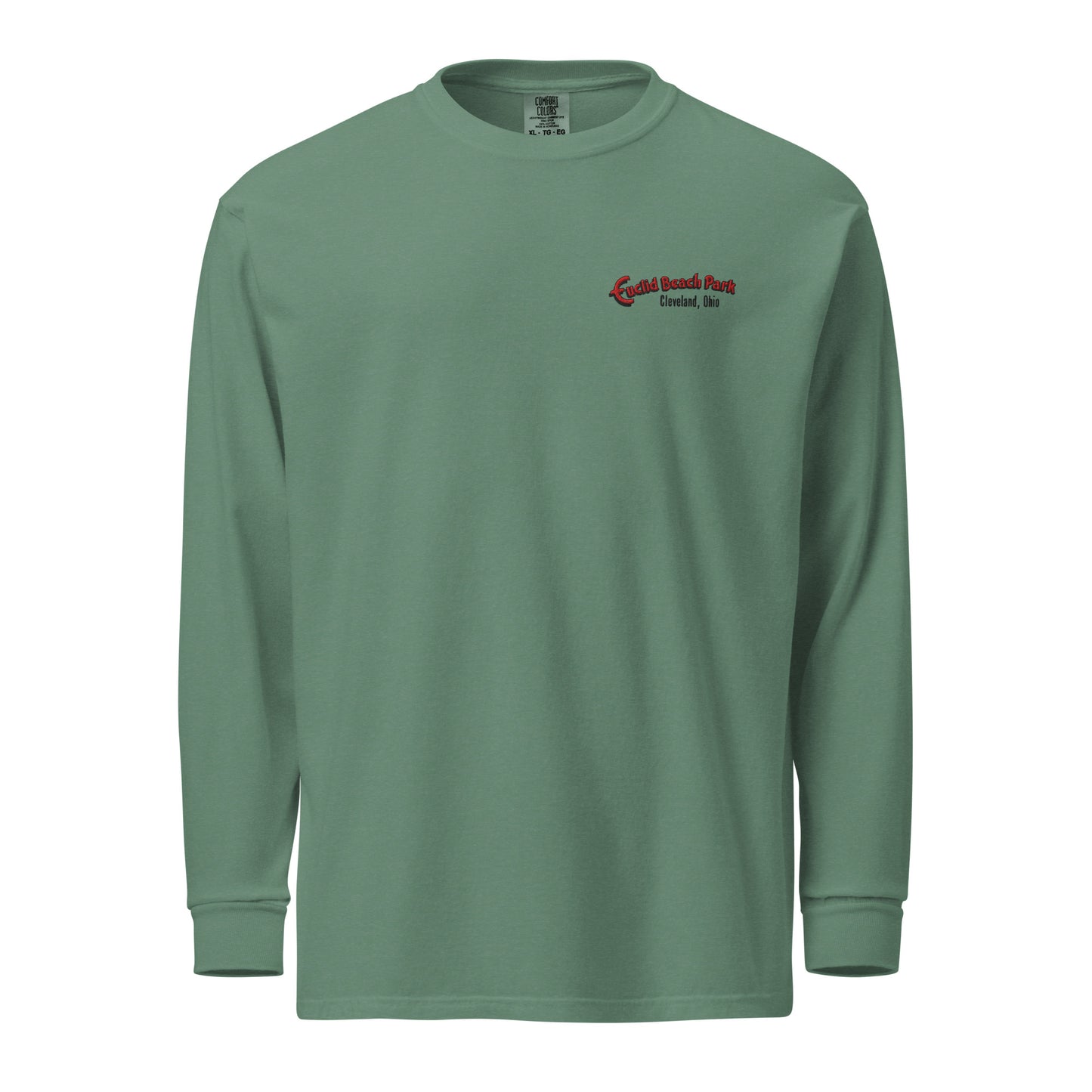Green long-sleeve shirt with a logo on the chest against a white background