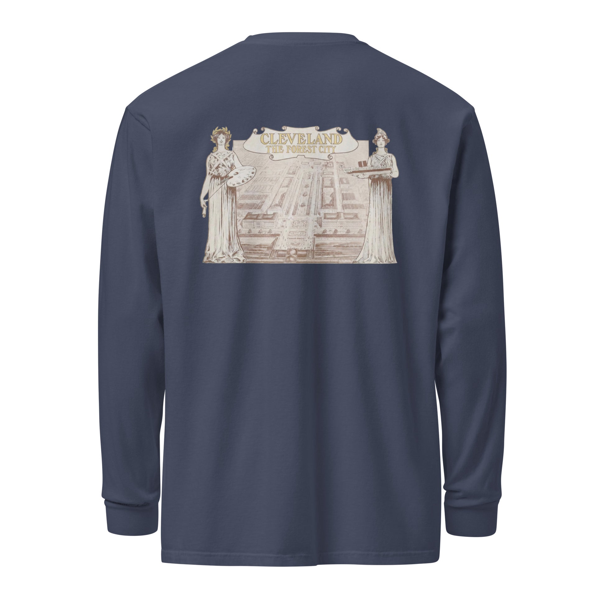 Navy long-sleeve shirt with a graphic design on the back against a white background