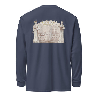 Navy long-sleeve shirt with a graphic design on the back against a white background