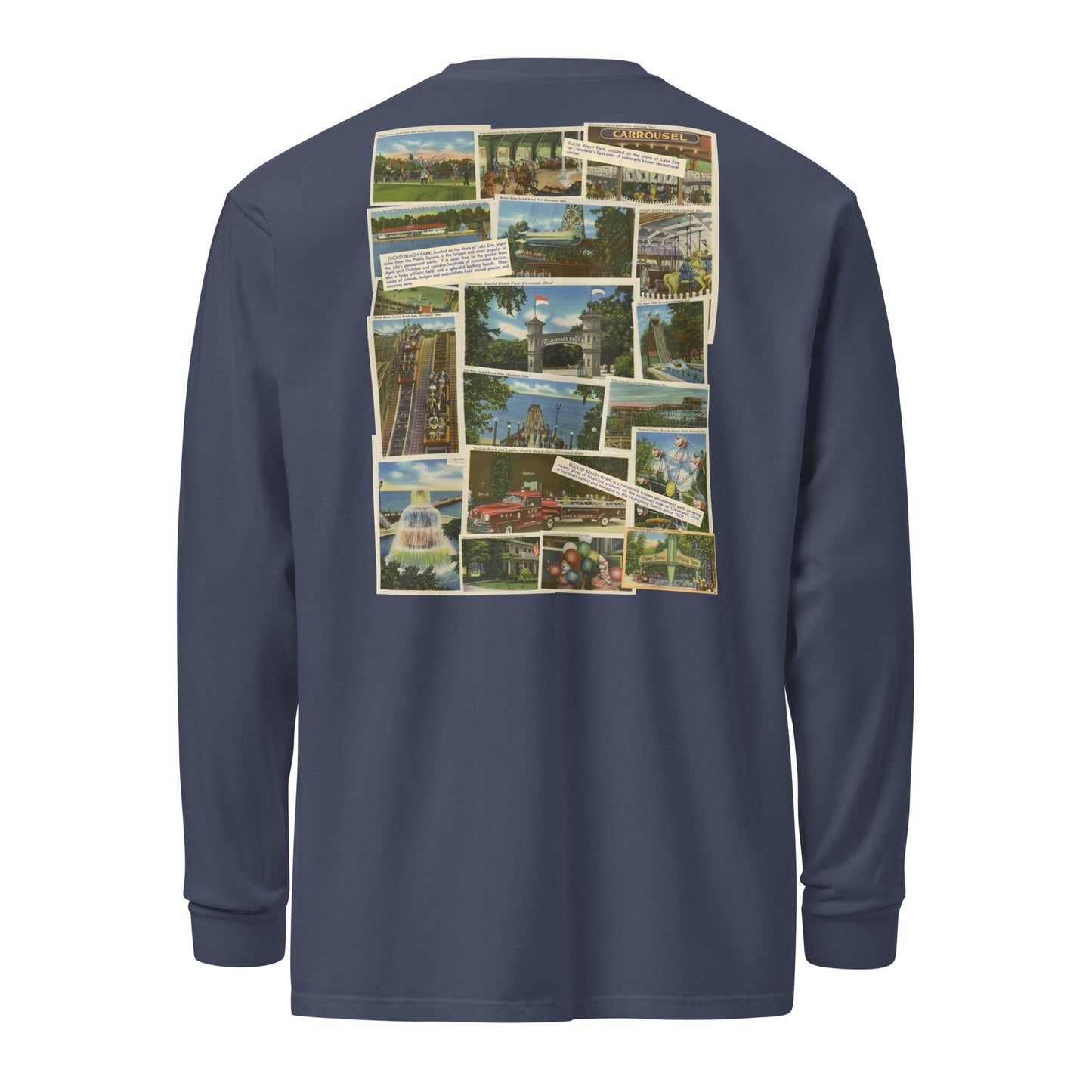 Navy long-sleeve shirt with a collage of vintage images on the back against a white background