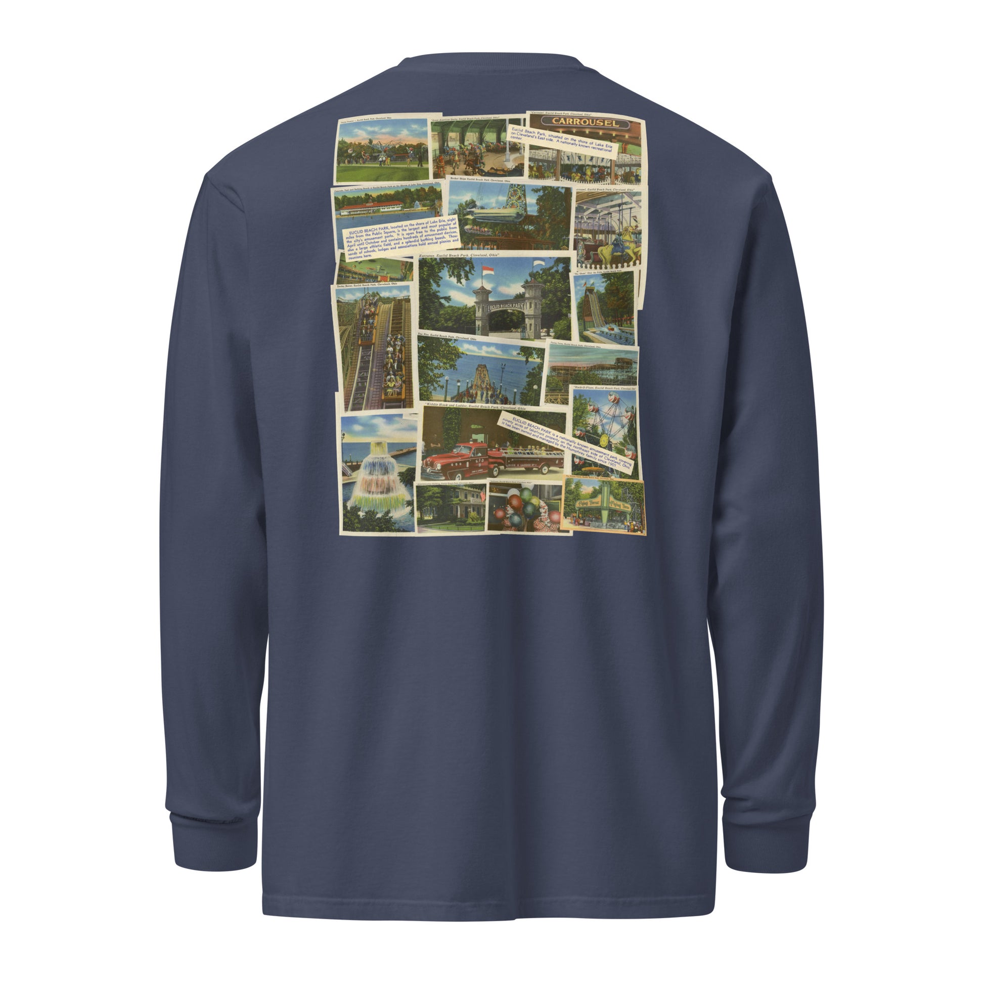 Navy long-sleeve shirt with a collage of vintage images on the back against a white background
