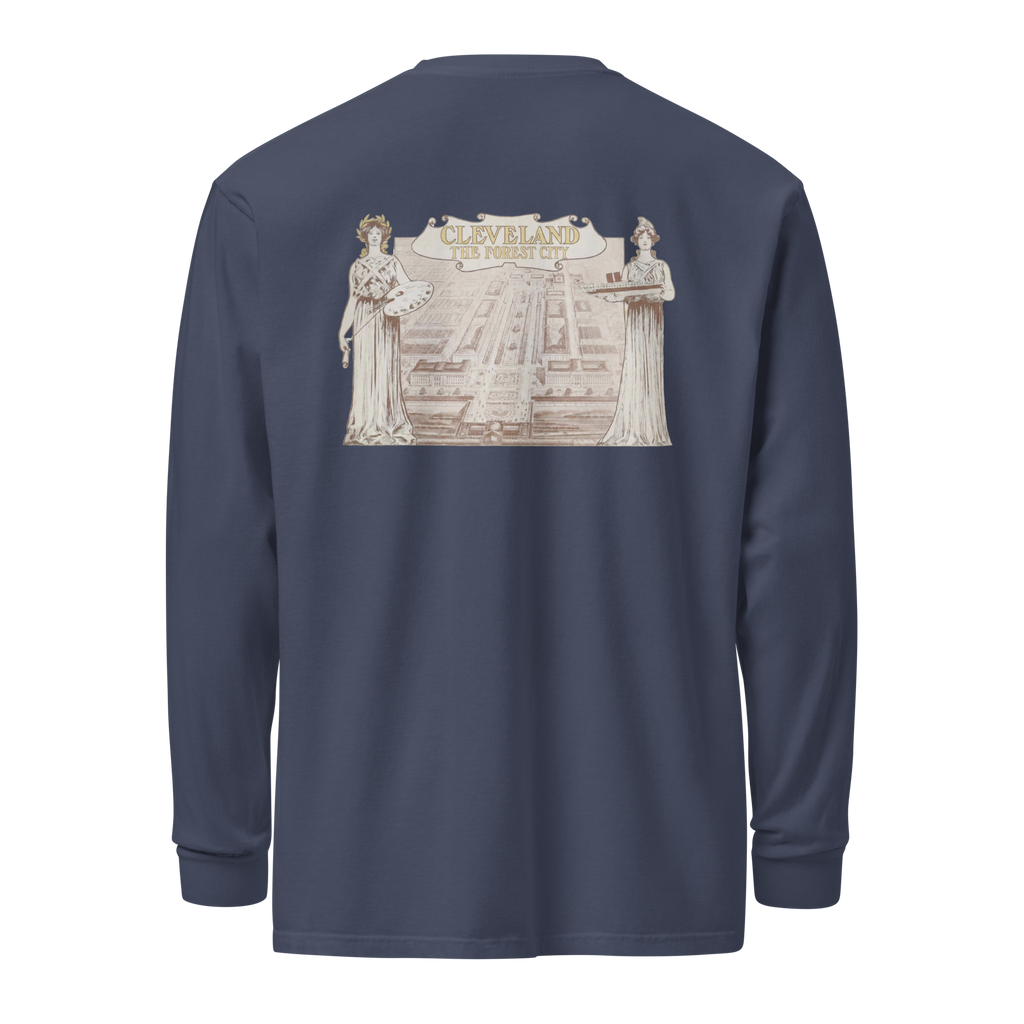 Navy long-sleeve shirt with a graphic design on the back against a white background