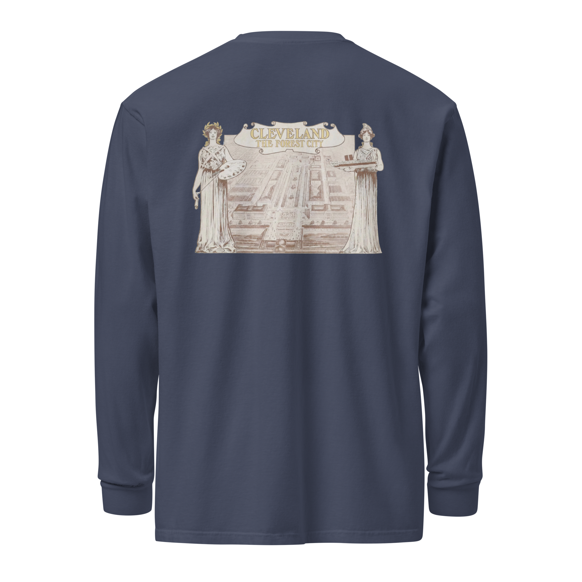 Navy long-sleeve shirt with a graphic design on the back against a white background