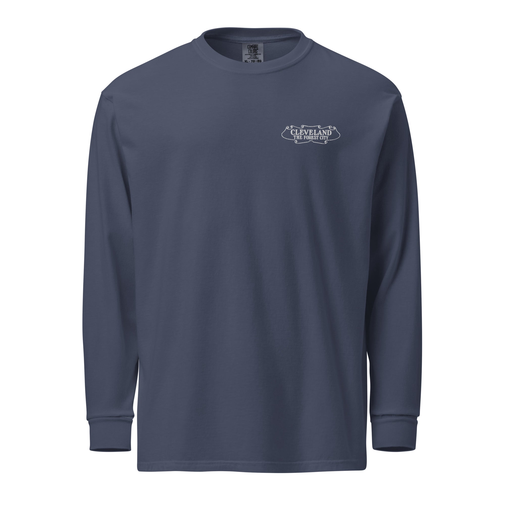 Navy long-sleeve shirt with a logo on the chest against a white background