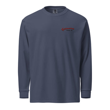 Navy long-sleeve shirt with a logo on the chest against a white background