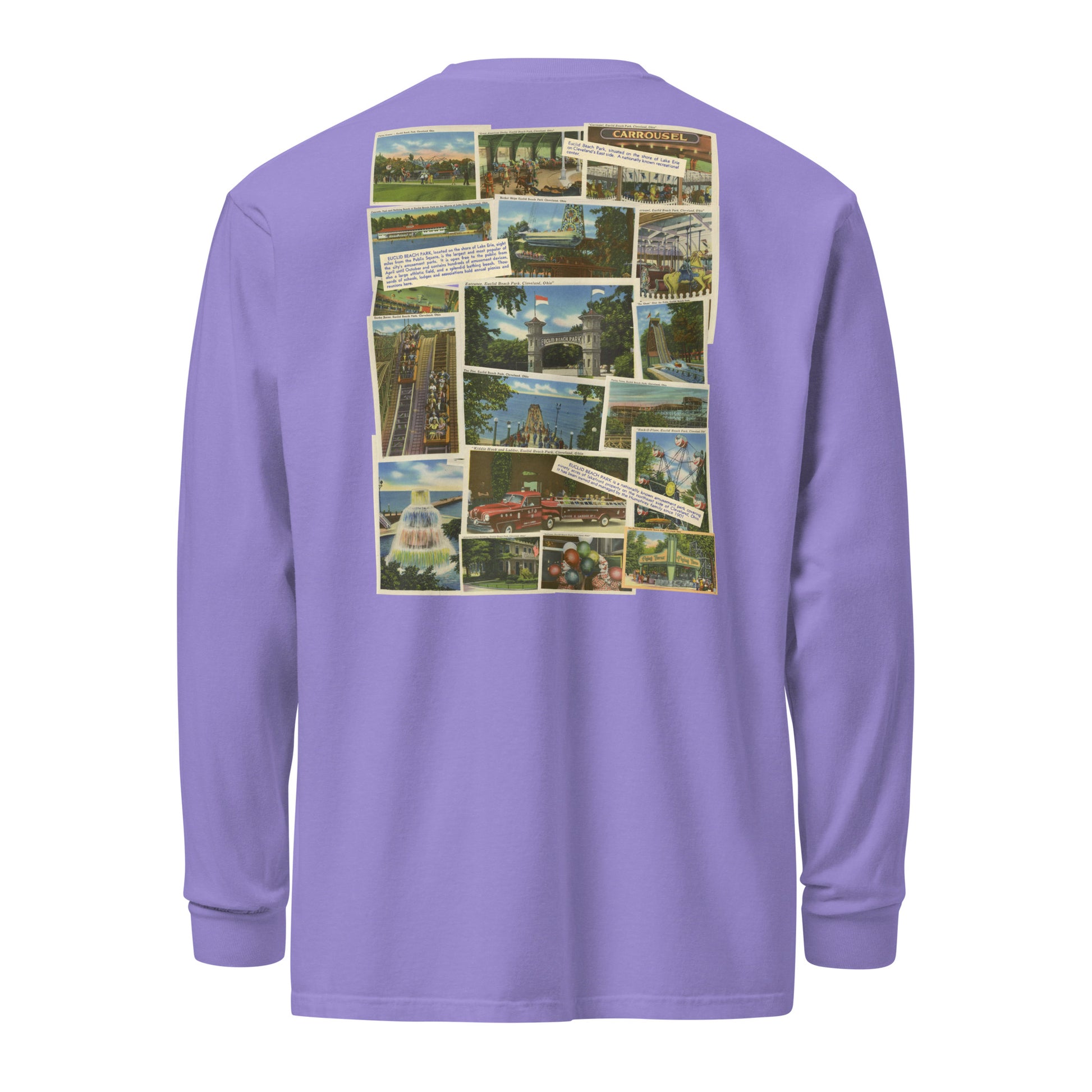 Purple long-sleeve shirt with a collage of images on the back against a white background