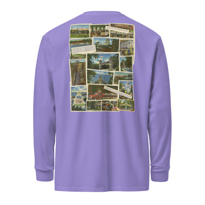 Purple long-sleeve shirt with a collage of images on the back against a white background