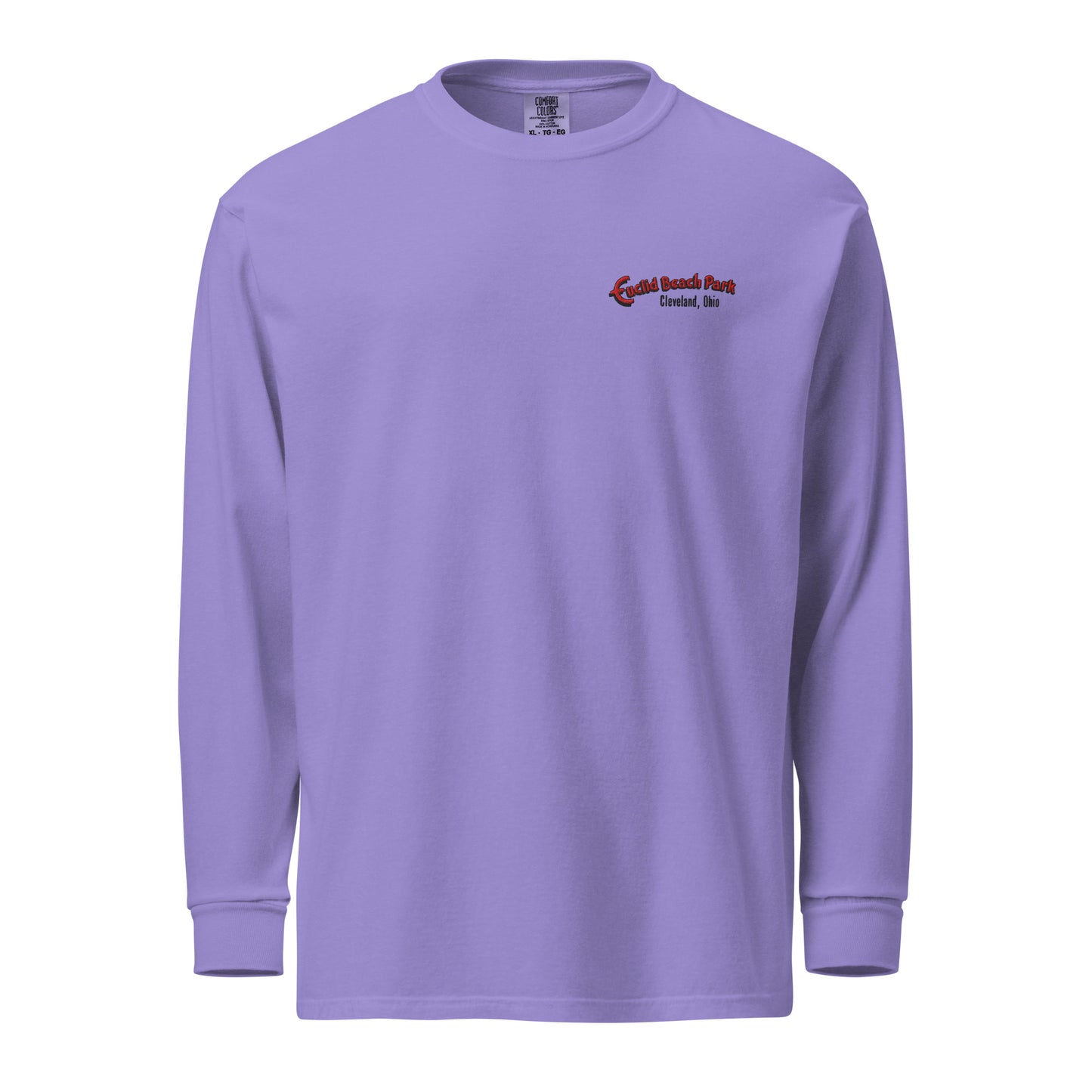 Purple long-sleeve shirt with a logo on the chest against a white background