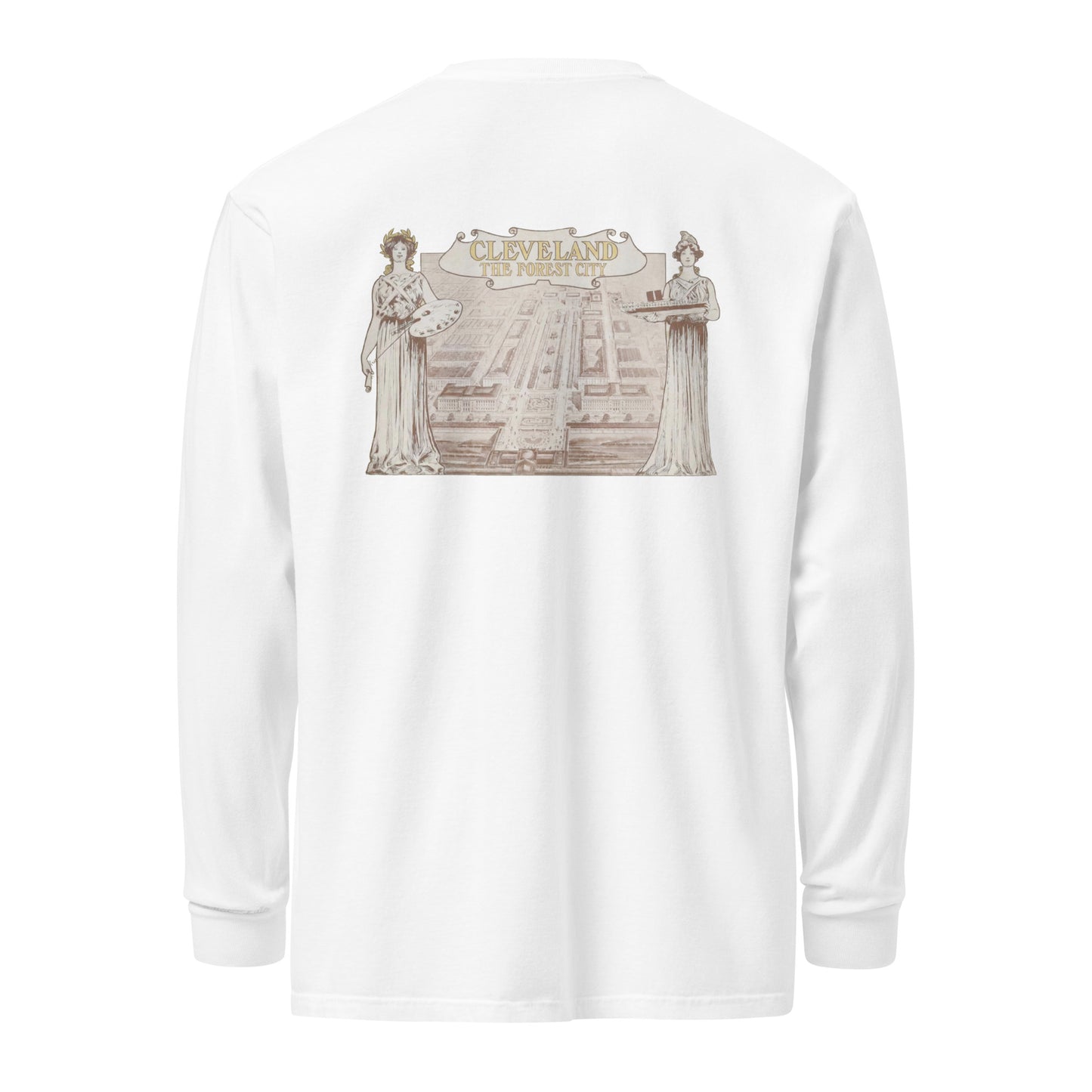 White long-sleeve shirt with a graphic design on the chest against a white background