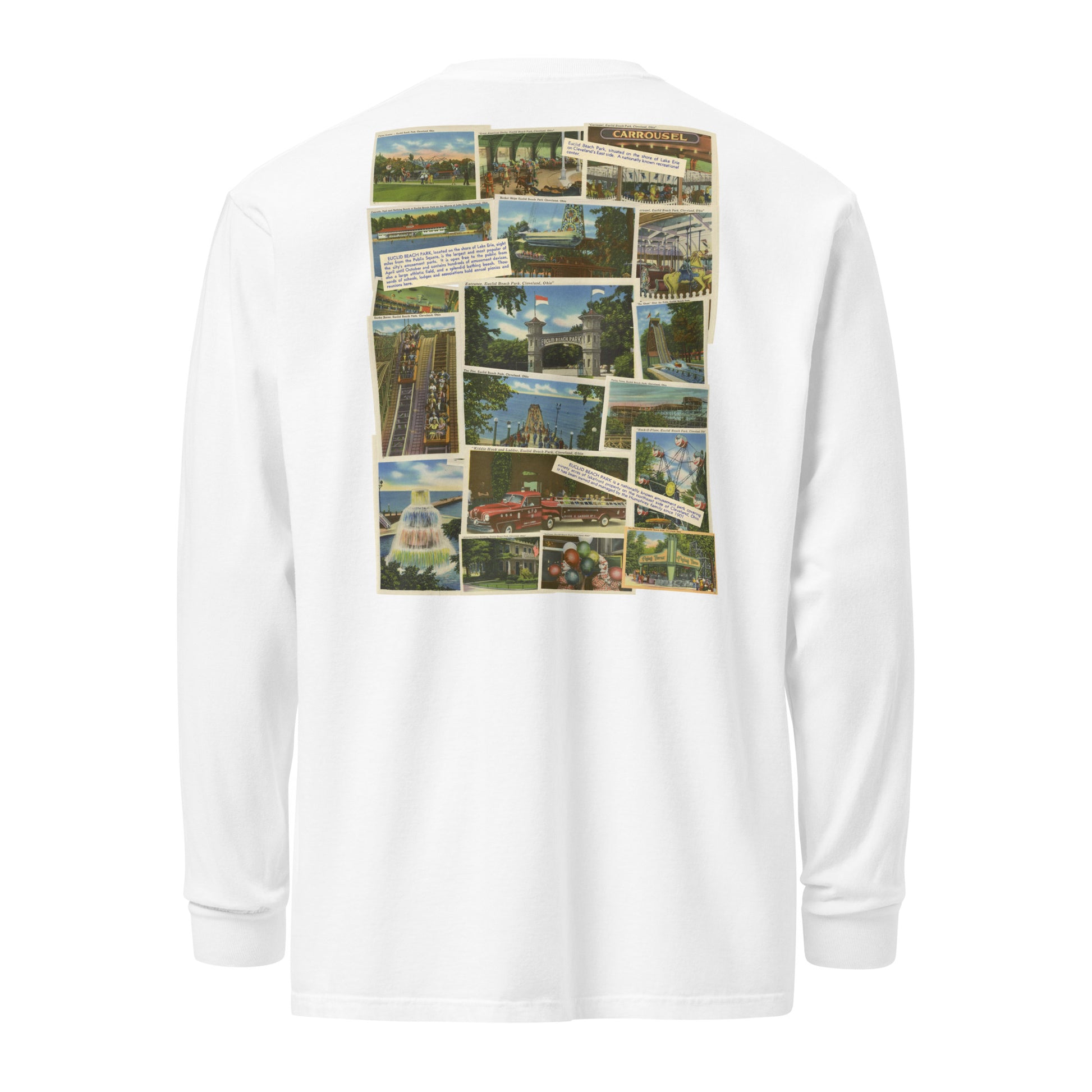 White long-sleeve shirt with a collage of images on the back against a white background