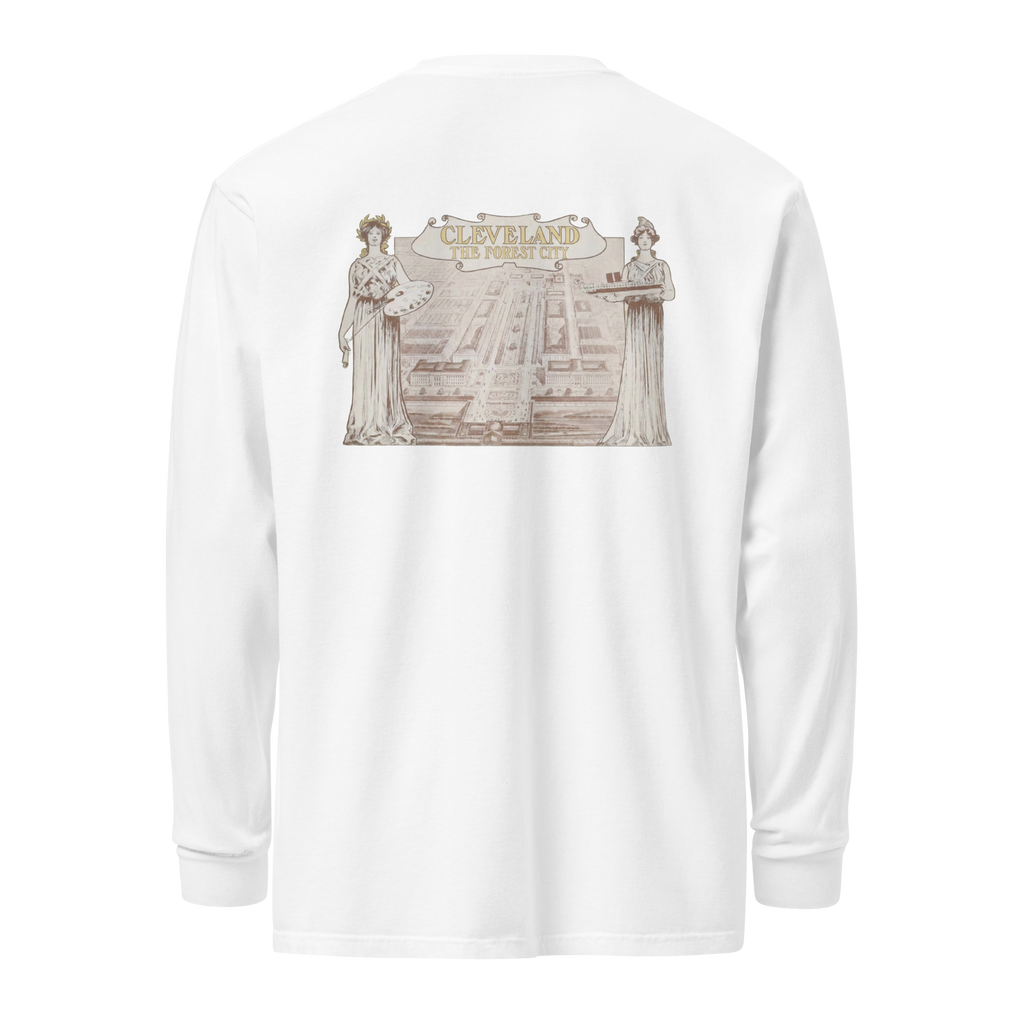 White long-sleeve shirt with a graphic design on the chest against a white background