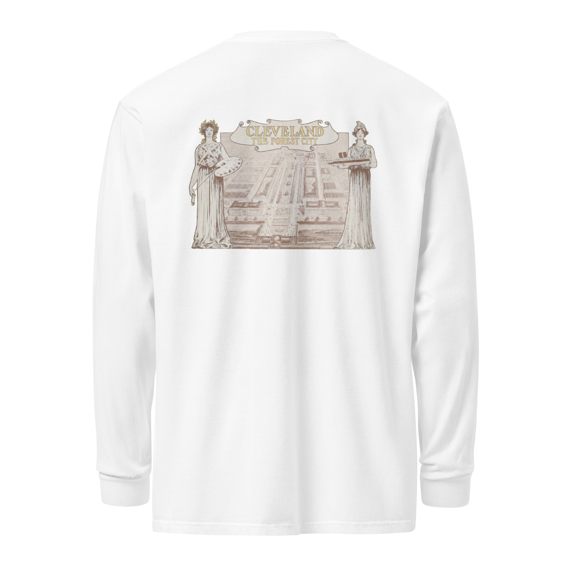 White long-sleeve shirt with a graphic design on the chest against a white background