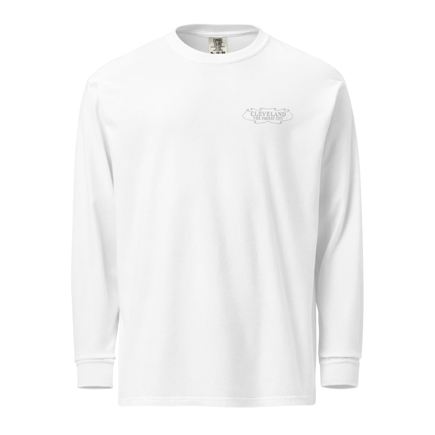 White long-sleeve shirt with a logo on a white background