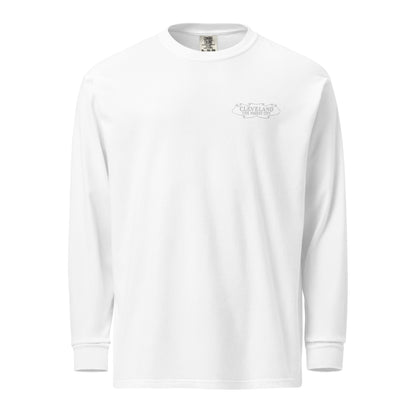 White long-sleeve shirt with a logo on a white background
