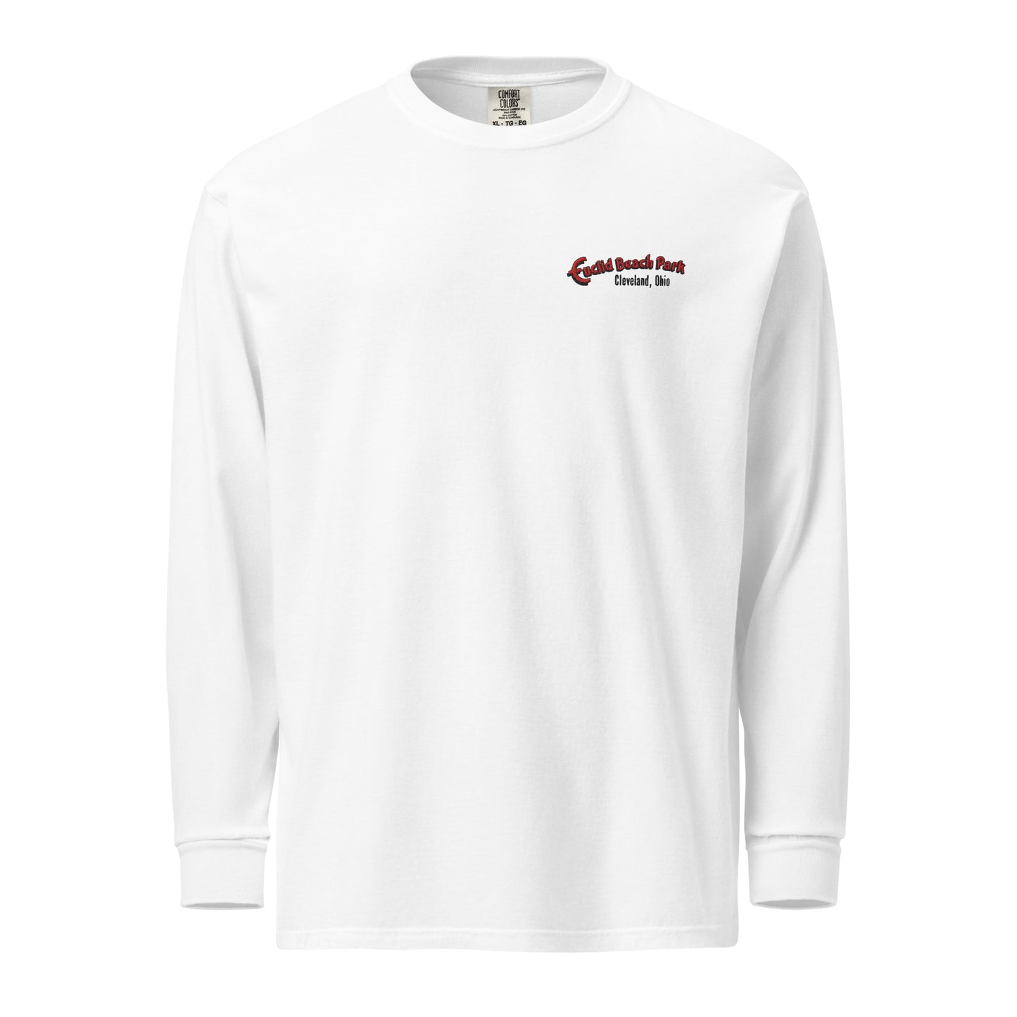 White long-sleeve shirt with a red and black logo on a white background