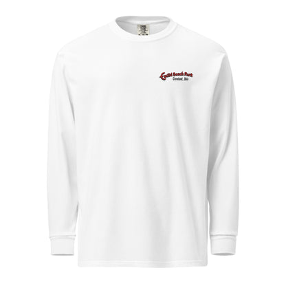 White long-sleeve shirt with a red and black logo on a white background