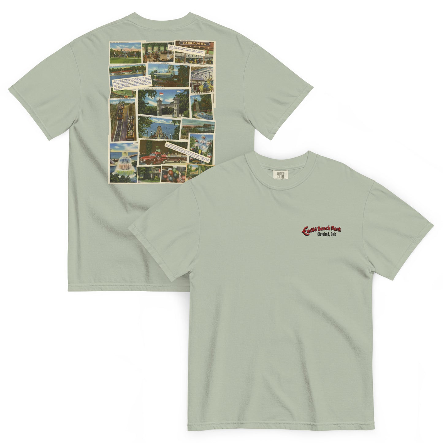 Light green t-shirt with collage design on front and logo on back, displayed on a white background.