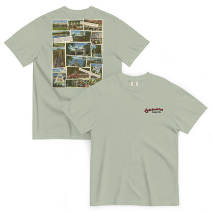 Light green t-shirt with collage design on front and logo on back, displayed on a white background.