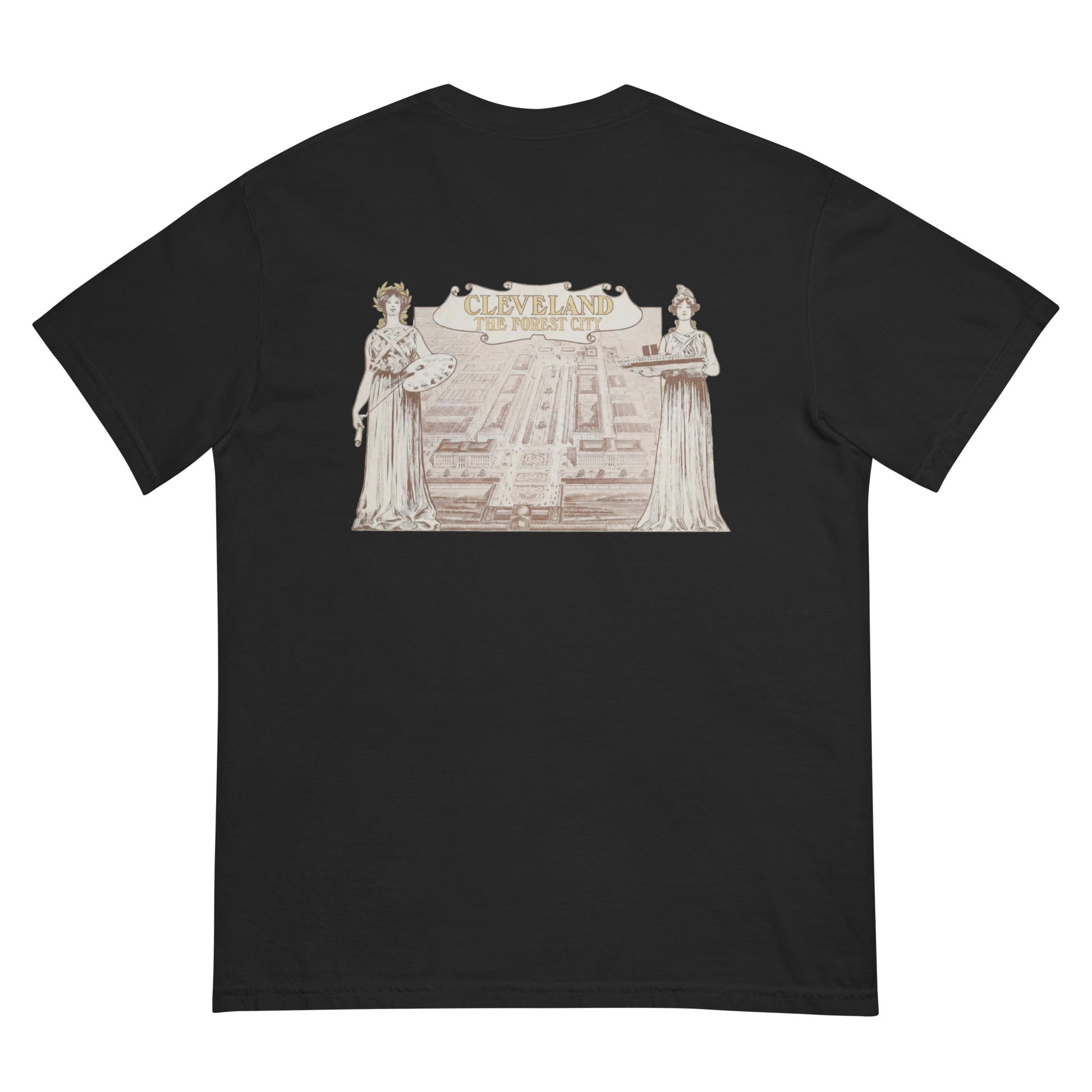 Black t-shirt with a graphic design on the back featuring two figures and text.