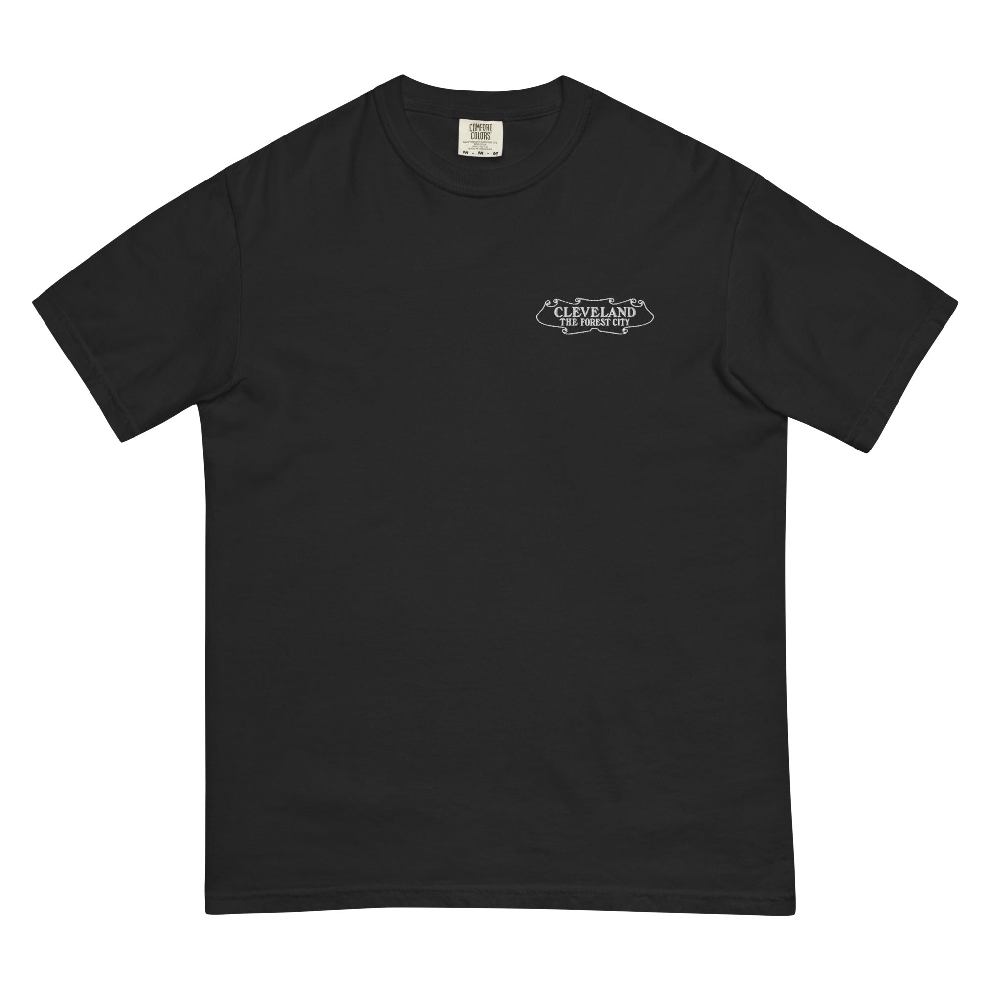 Black t-shirt with a logo on the chest against a white background