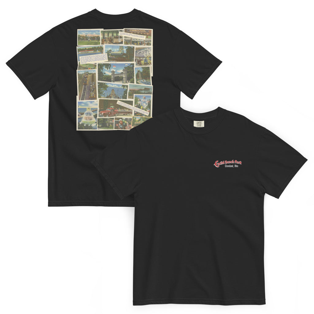 Black t-shirt with collage on front and logo on back, displayed on a white background