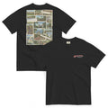 Black t-shirt with collage on front and logo on back, displayed on a white background
