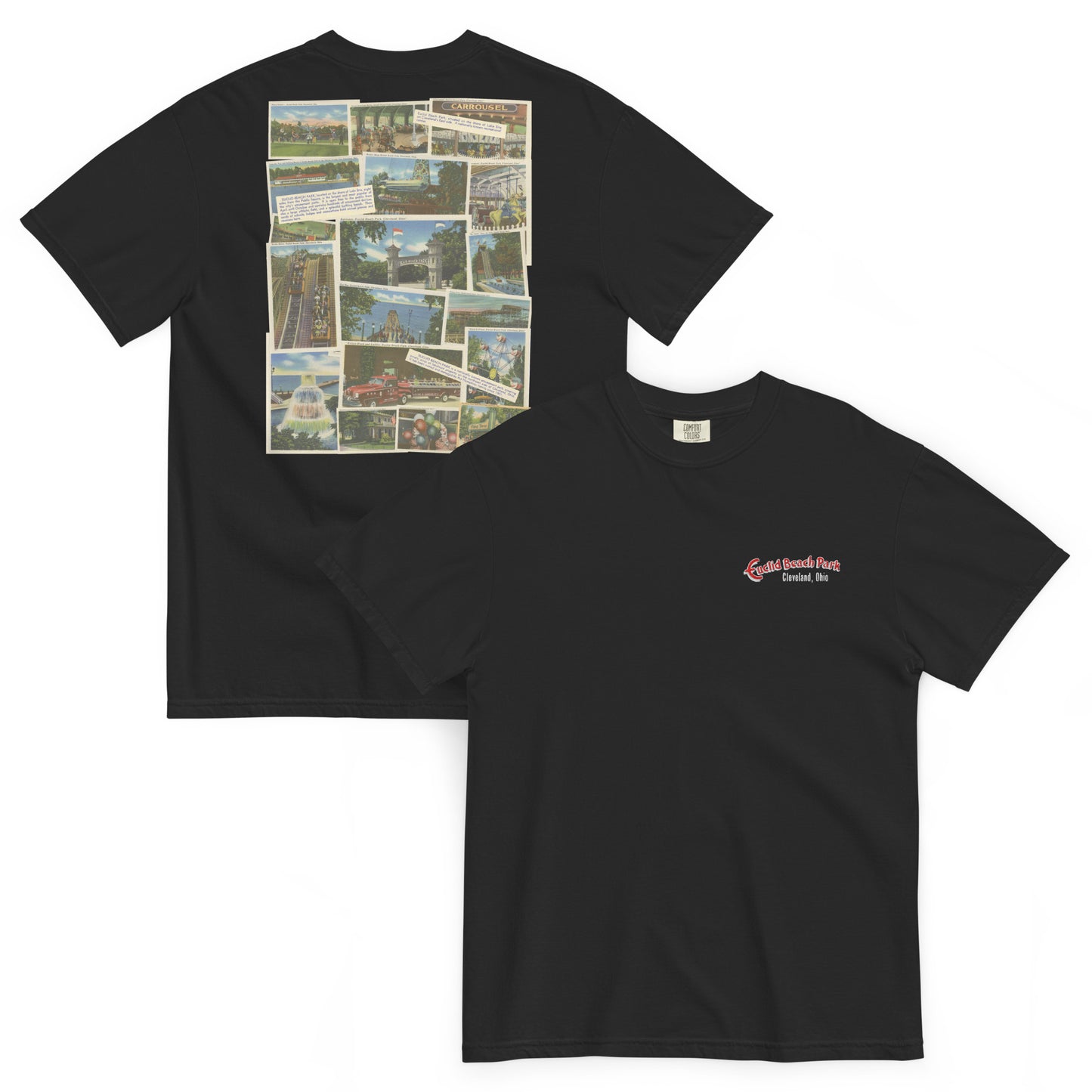 Black t-shirt with collage on front and logo on back, displayed on a white background