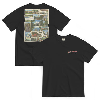 Black t-shirt with collage on front and logo on back, displayed on a white background