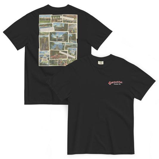 Black t-shirt with collage on front and logo on back, displayed on a white background