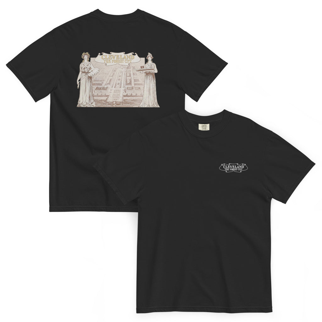 Black t-shirt with vintage-style graphic design on a white background