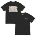 Black t-shirt with vintage-style graphic design on a white background