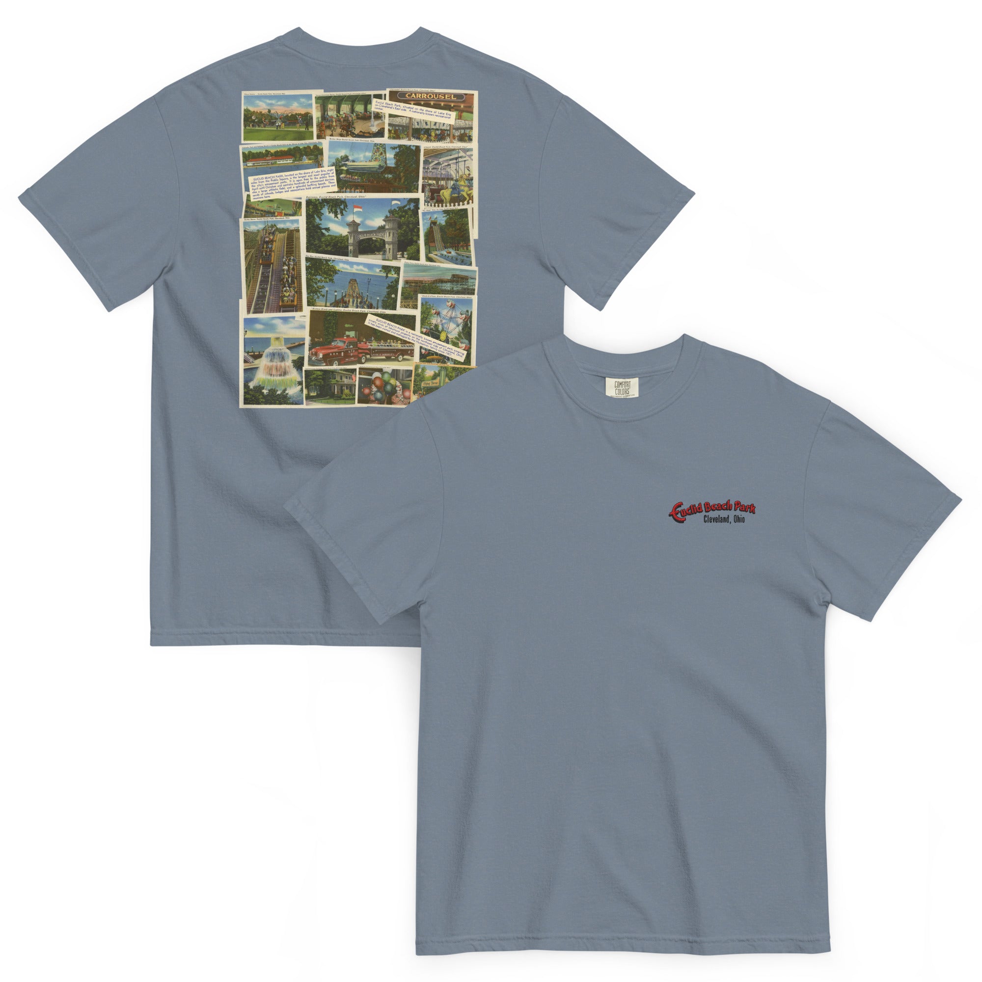 Gray t-shirt with collage on front and logo on back, displayed on a white background