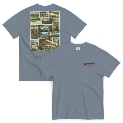 Gray t-shirt with collage on front and logo on back, displayed on a white background