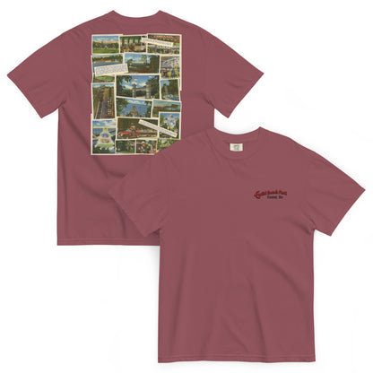 Maroon t-shirt with collage on front and logo on back, displayed on a white background.