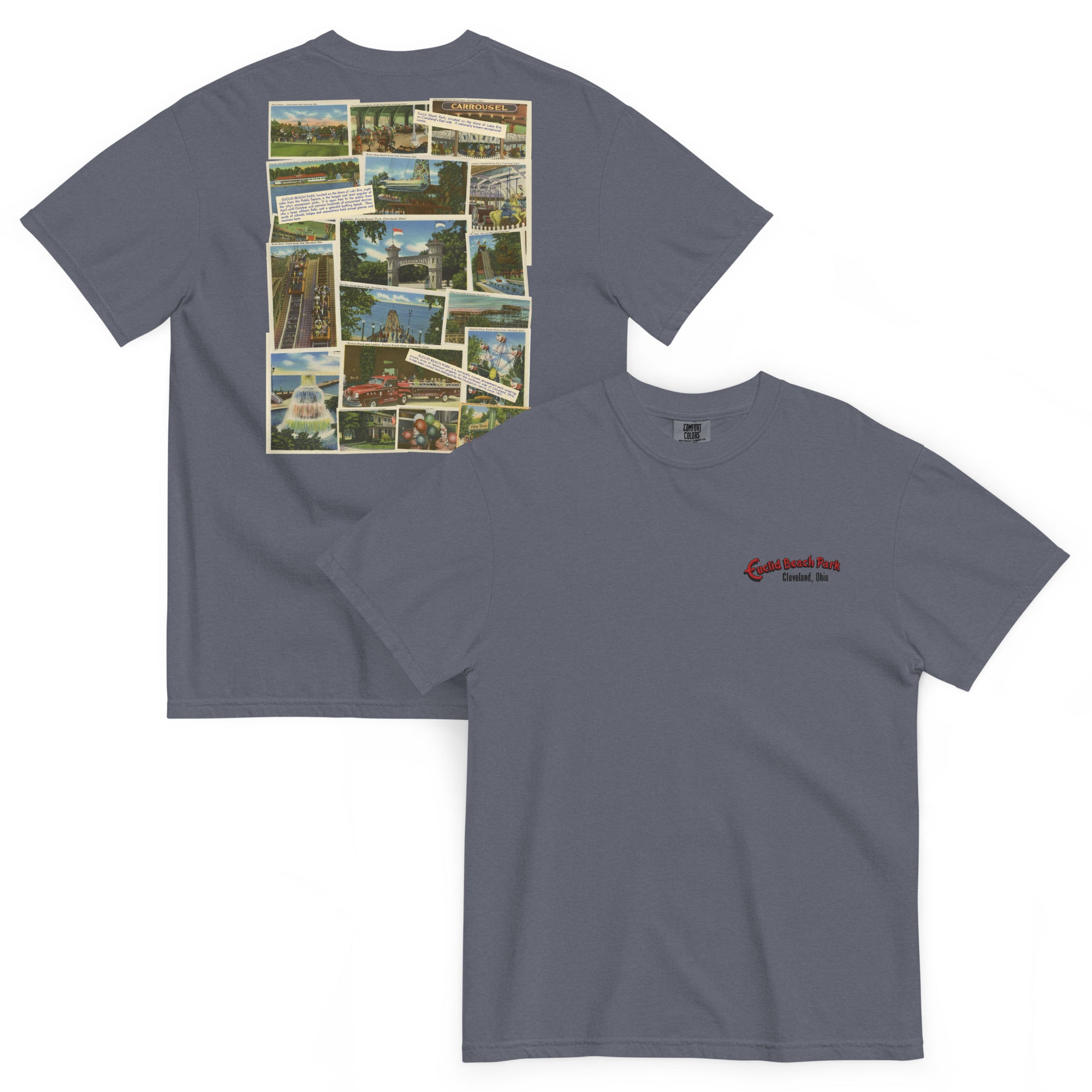 Gray t-shirt with vintage-style collage on the back and logo on the front, displayed on a white background.