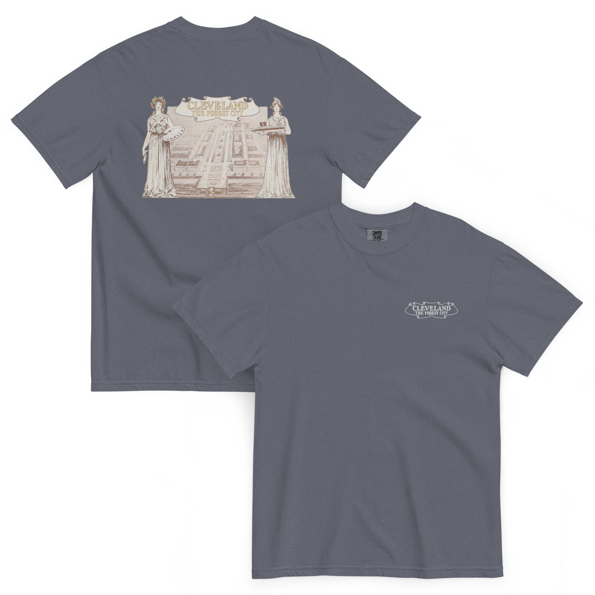 Gray t-shirt with a graphic design on the front and text on the back, displayed on a white background.