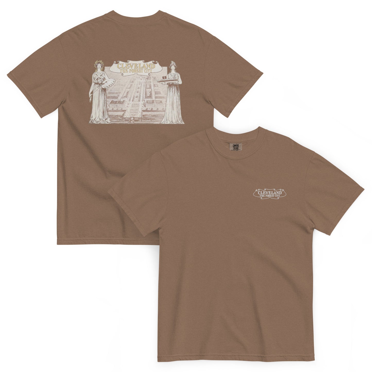 Brown t-shirt with graphic design on front and logo on back, displayed on a white background.