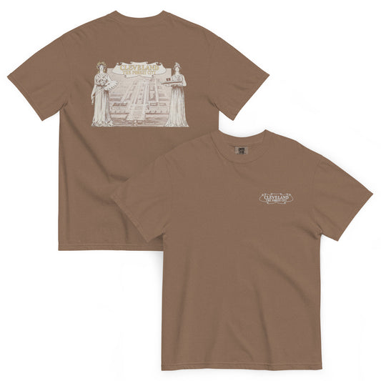 Brown t-shirt with graphic design on front and logo on back, displayed on a white background.