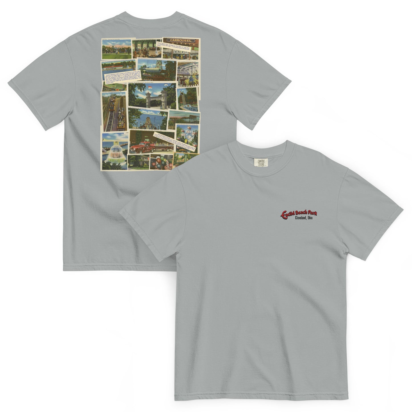 Gray t-shirt with collage of images on one side and logo on the other, on a white background