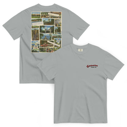 Gray t-shirt with collage of images on one side and logo on the other, on a white background