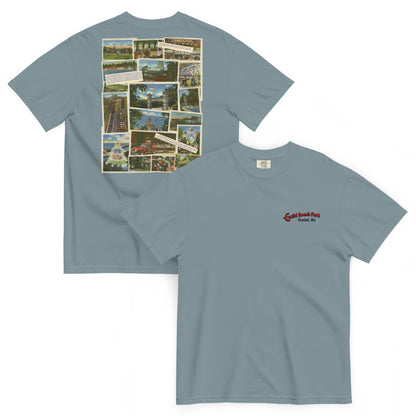 Gray t-shirt with collage on front and logo on back, displayed on a white background