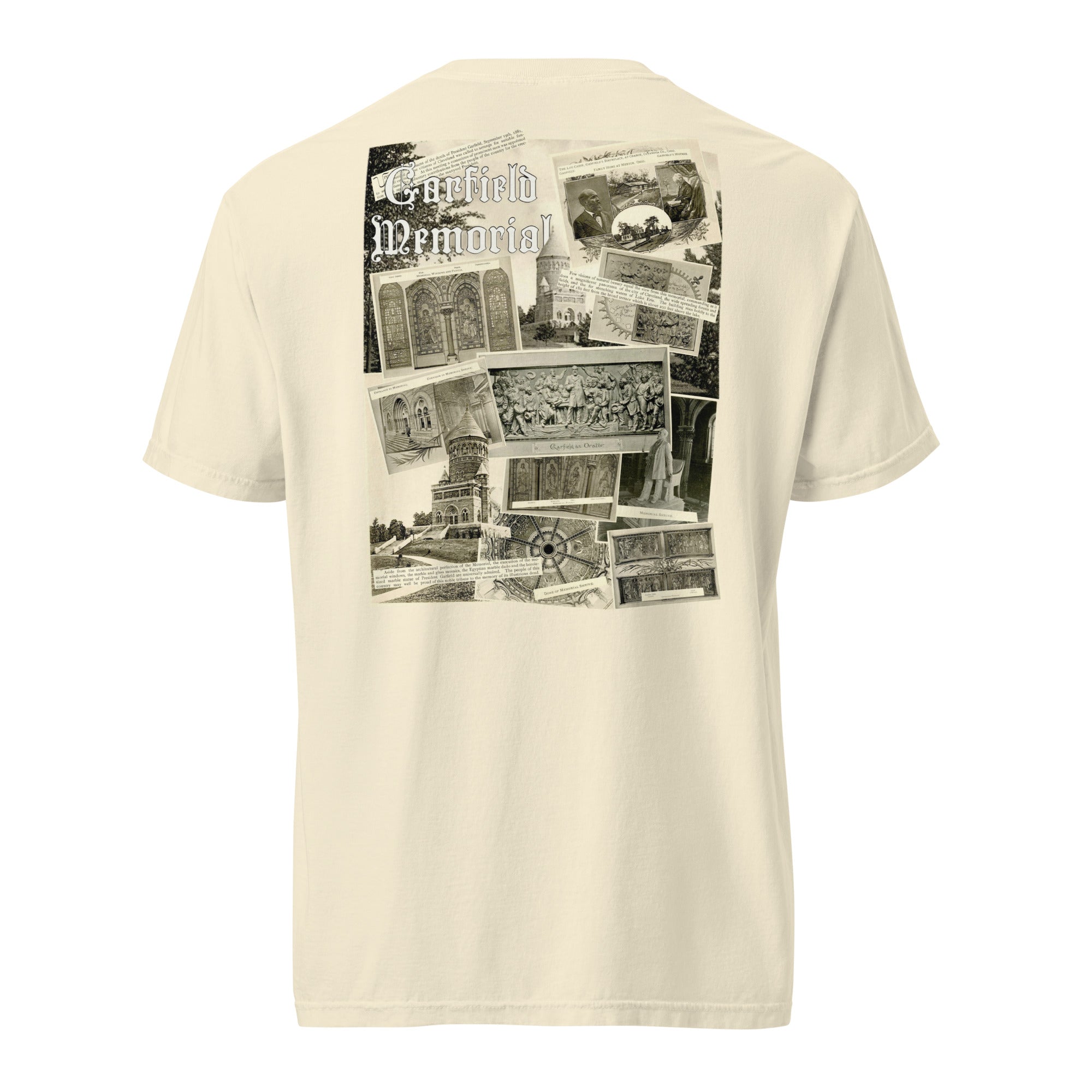 Beige t-shirt with black and white graphic design on the back on a white background