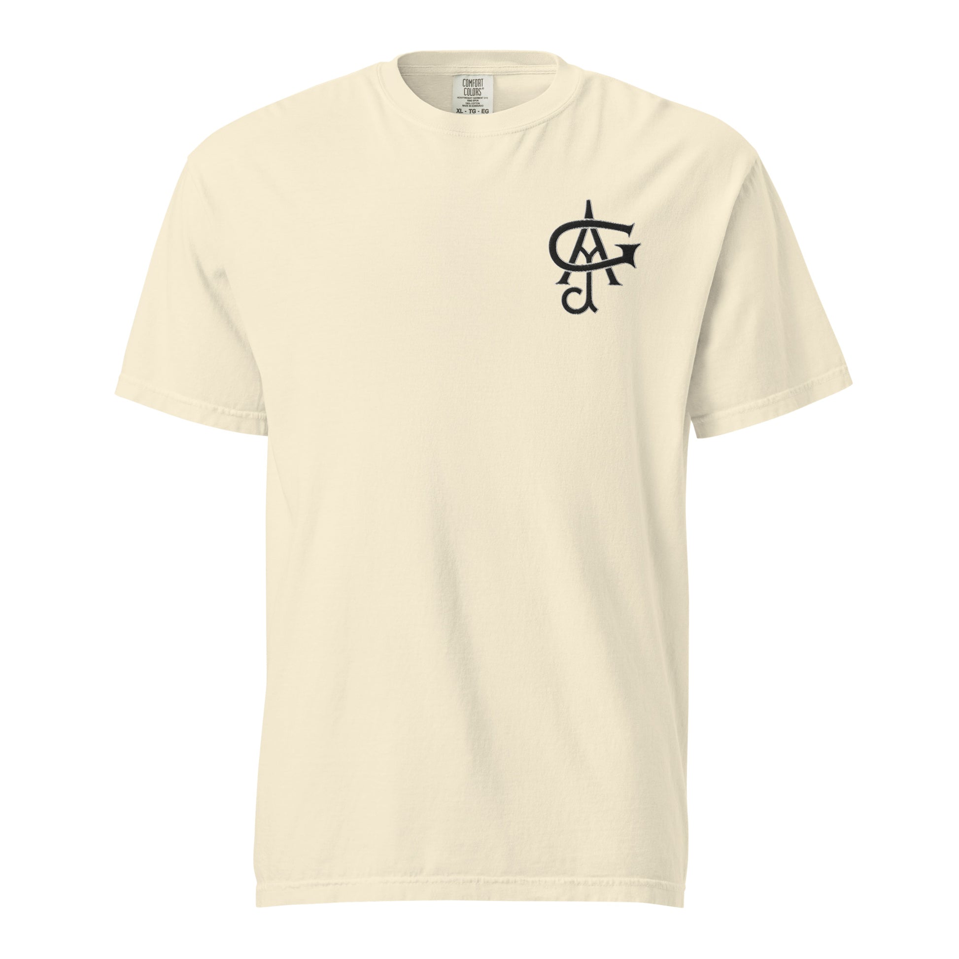 Beige t-shirt with a black logo on a white background