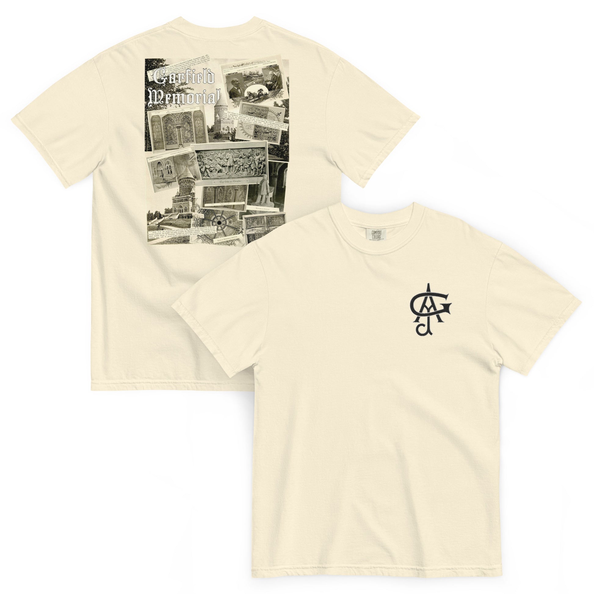 Beige t-shirt with black and white graphic on front and logo on back, on a white background