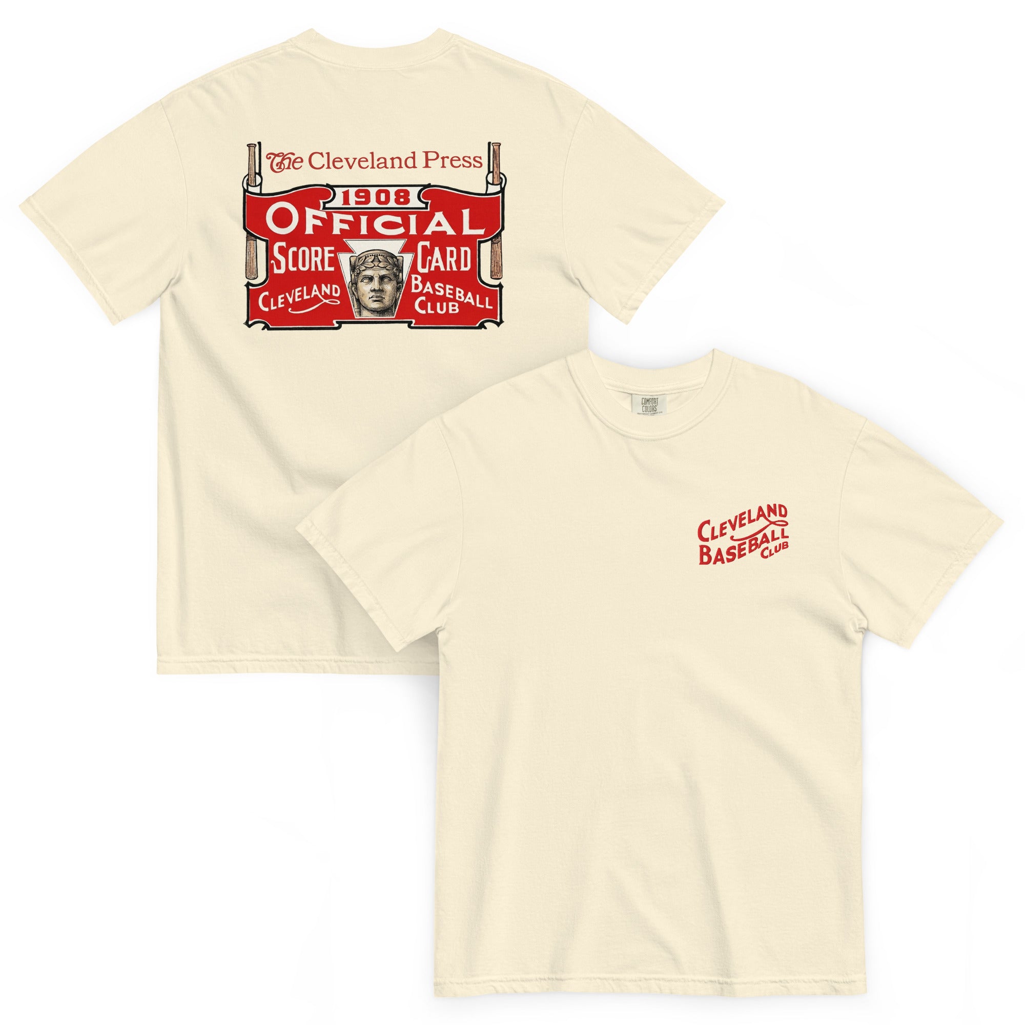 Beige t-shirt with vintage Cleveland baseball club design on a white background