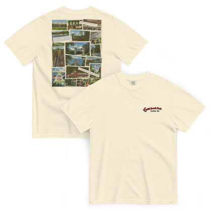 Beige t-shirt with collage of images on the back and logo on the front, on a white background