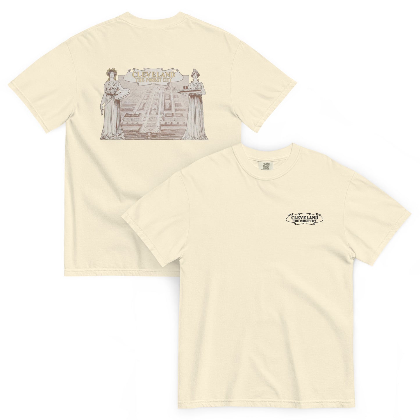 Beige t-shirt with graphic design on front and back on a white background