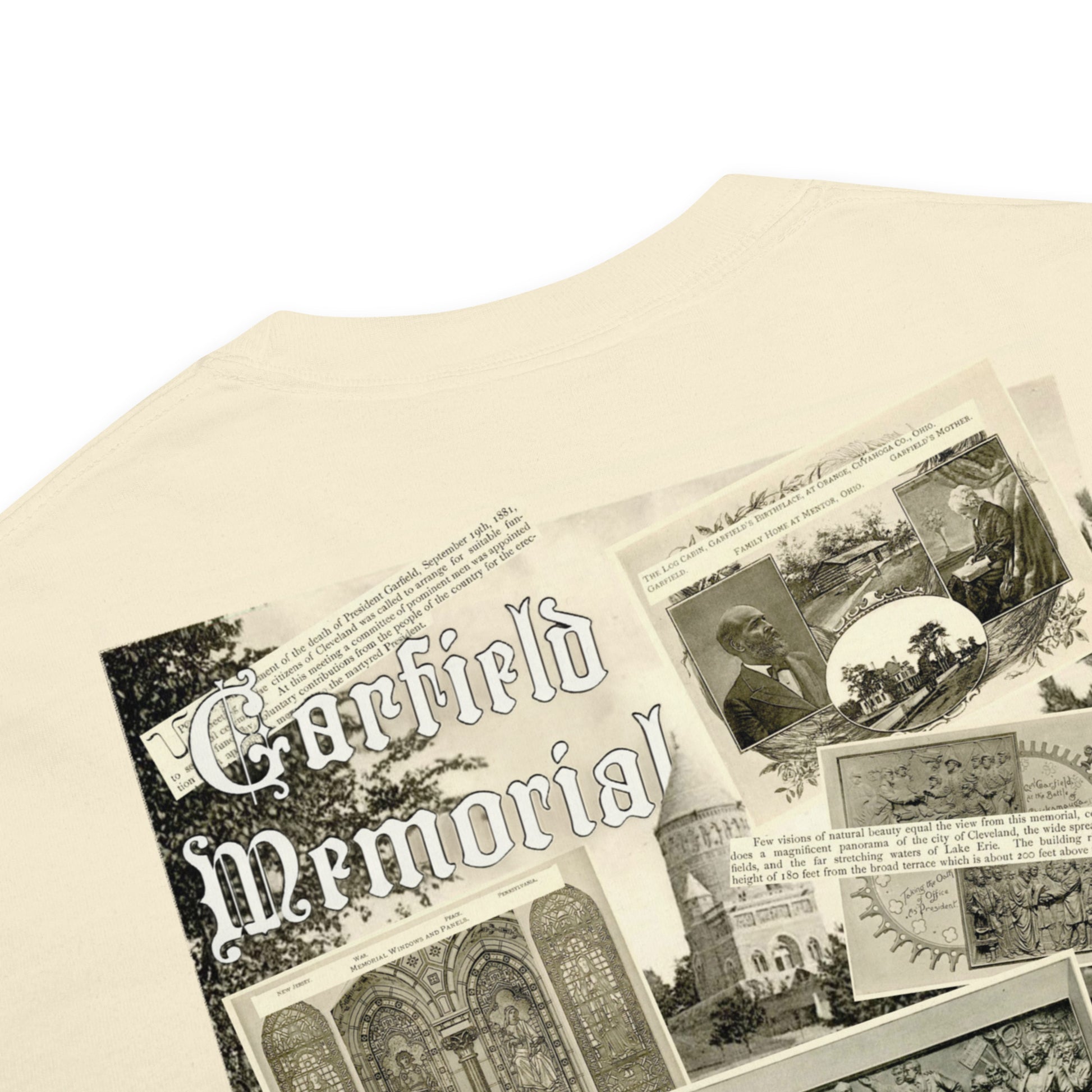 Vintage-style collage with 'Garfield Memorial' text and historical images on a beige background