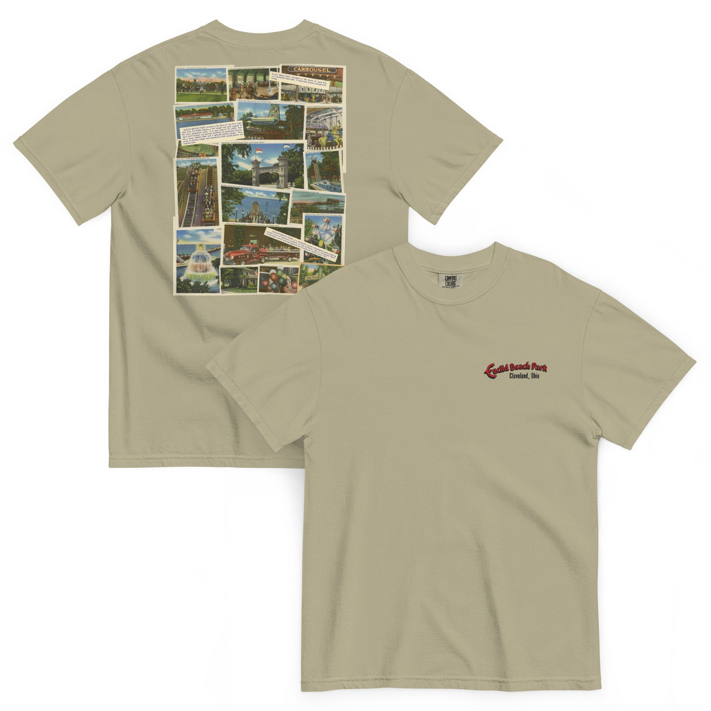 Beige t-shirt with collage of images on one side and logo on the other, on a white background