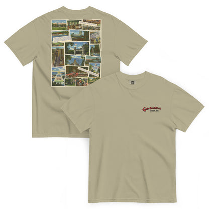 Beige t-shirt with collage of images on one side and logo on the other, on a white background